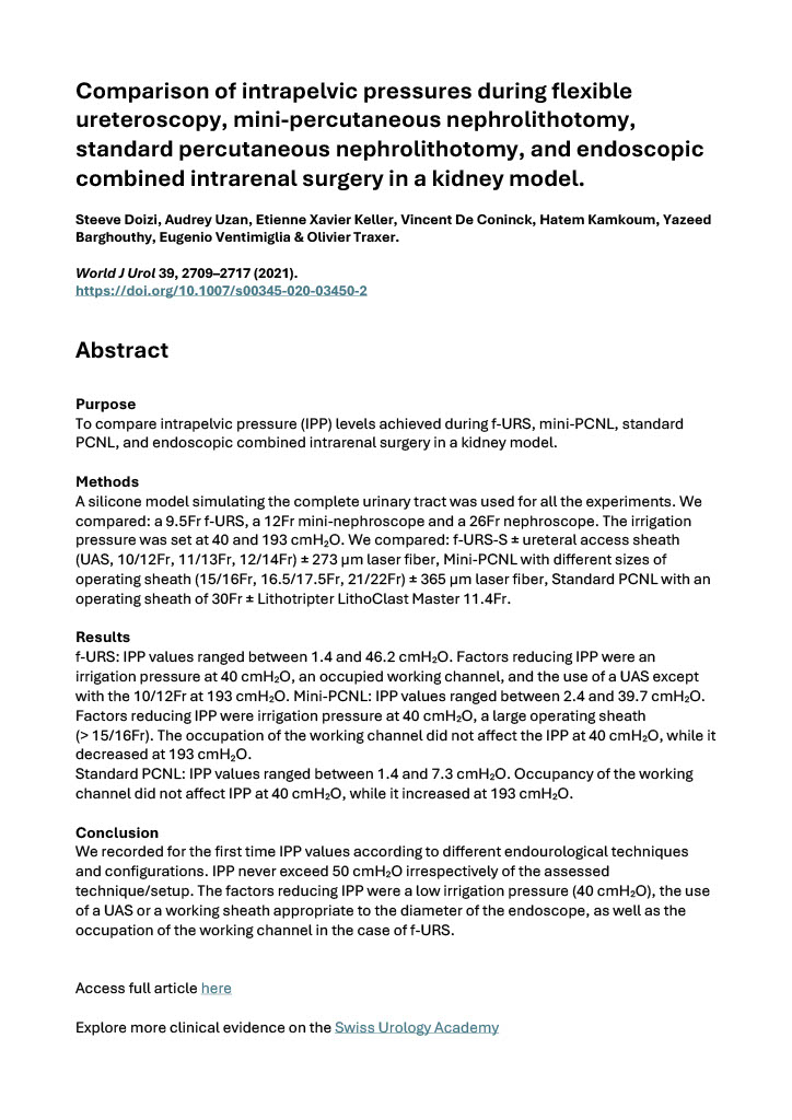 Comparison of intrapelvic pressures during flexible  ureteroscopy, mini-percutaneous nephrolithotomy,  standard percutaneous nephrolithotomy, and endoscopic  combined intrarenal surgery in a kidney model