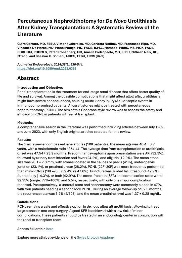 Percutaneous Nephrolithotomy for De Novo Urolithiasis After Kidney Transplantation: A Systematic Review of the Literature